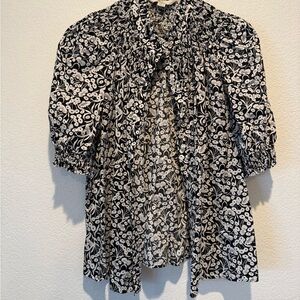Boden Black and White Floral Tie-Front Puff Sleeve Blouse